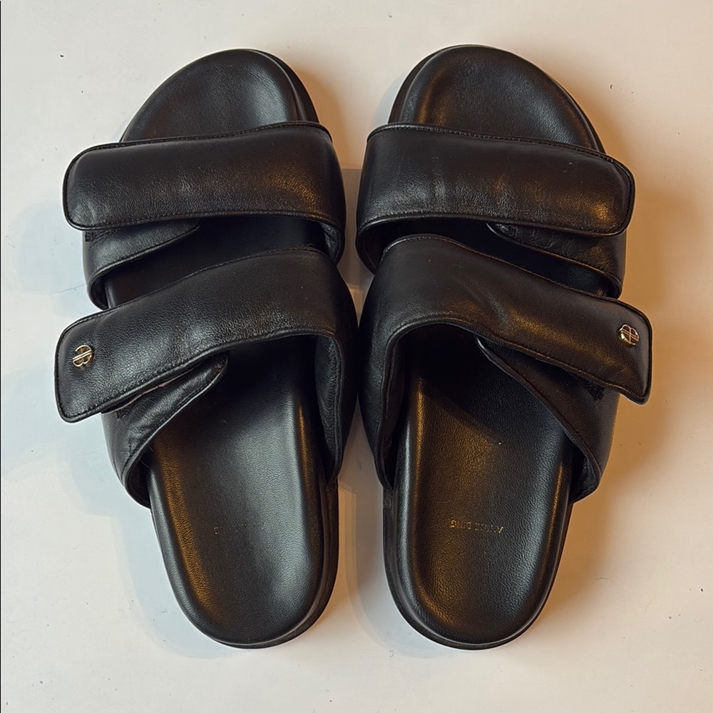 Black Leather Slide Sandals